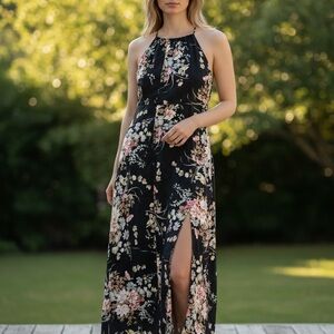 Women’s empire waist halter neck black floral midi slip dress size XL